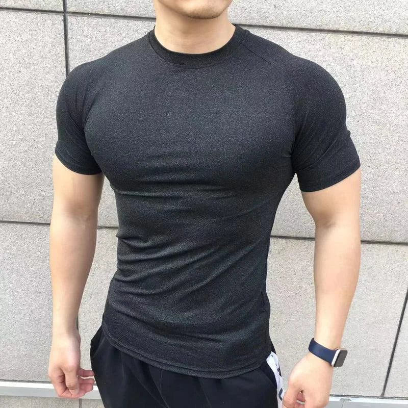 2025 Men’s Compression Workout Shirt – Short Sleeve, Elastic Fit for Gym & Running