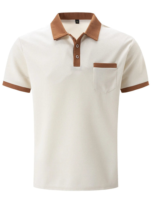 2025 new summer men's short sleeve POLO shirt Waffle color chest pocket short sleeve button T-shirt top