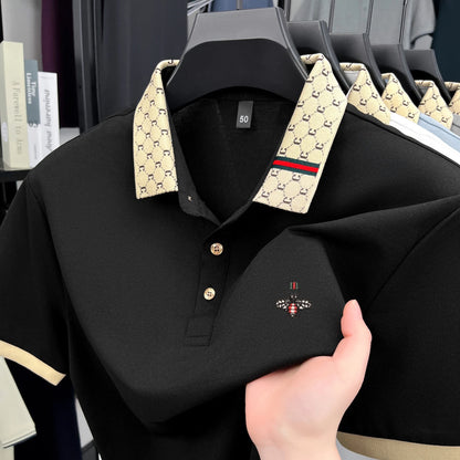 High-End Men’s Polo Shirt – Jacquard Lapel, Little Bee Embroidery & Personality Letter Design | Summer Fashion Trend