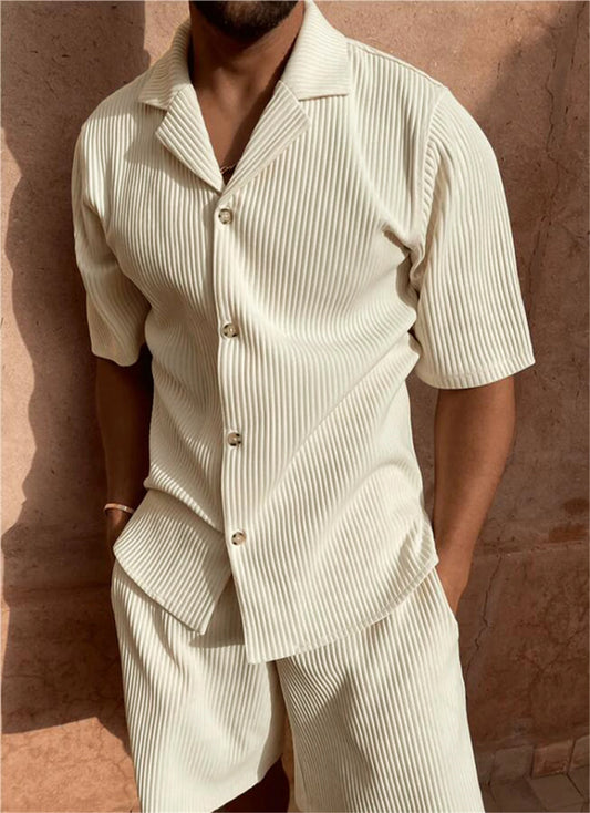 Men’s Comfy Corduroy Set – Breathable Short Sleeve Shirt & Shorts for Spring/Summer