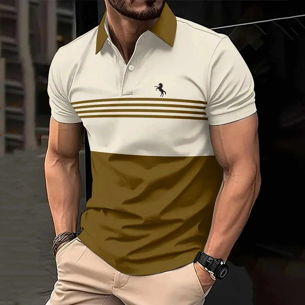 Business Men’s Polo Shirt – Summer Casual Short Sleeves with Stripe Pattern & Button Detail