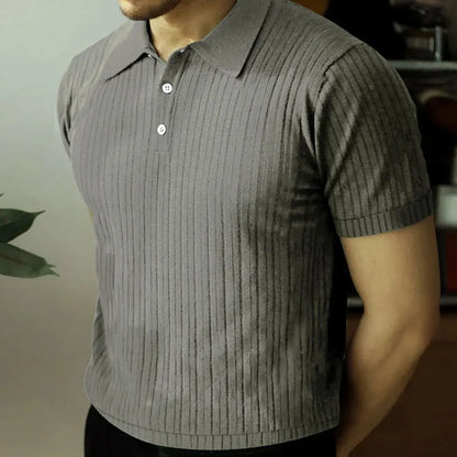 2024 Summer Knit Men’s Polo Shirt – Business Casual Striped Henry Short Sleeve for Comfort & Style