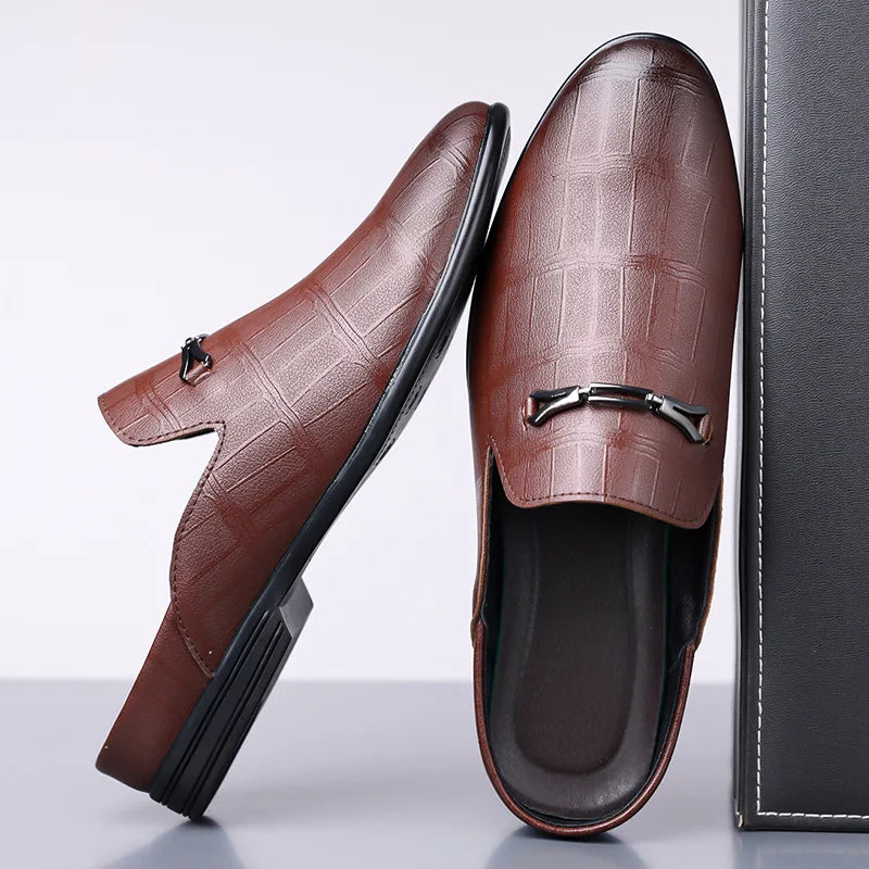 Summer New Designer Half Slippers for Men Fashion Casual Pointed-toe Dress Shoes Male Solid Color Leather Shoe Man