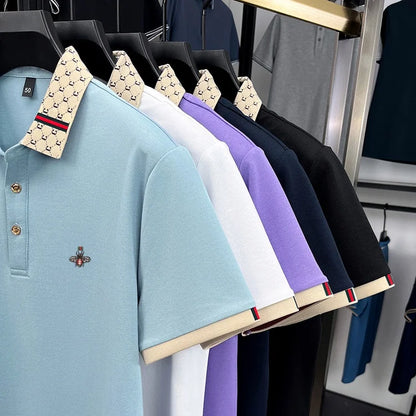 High-End Men’s Polo Shirt – Jacquard Lapel, Little Bee Embroidery & Personality Letter Design | Summer Fashion Trend