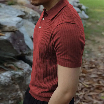 2024 Summer Knit Men’s Polo Shirt – Business Casual Striped Henry Short Sleeve for Comfort & Style