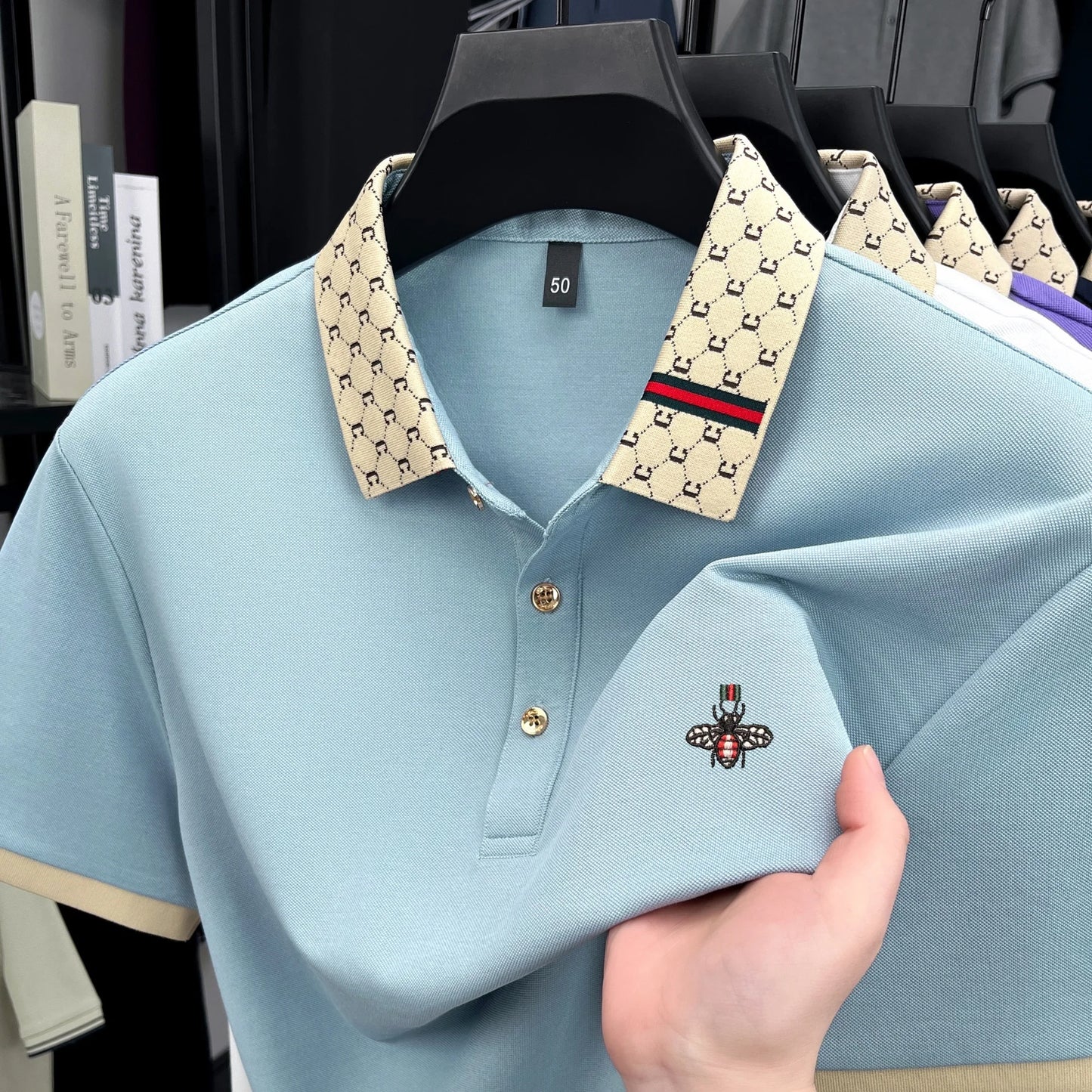 High-End Men’s Polo Shirt – Jacquard Lapel, Little Bee Embroidery & Personality Letter Design | Summer Fashion Trend