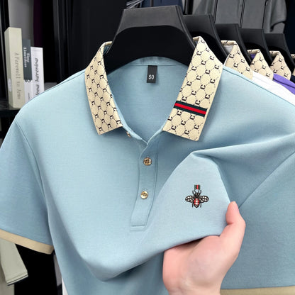 High-End Men’s Polo Shirt – Jacquard Lapel, Little Bee Embroidery & Personality Letter Design | Summer Fashion Trend