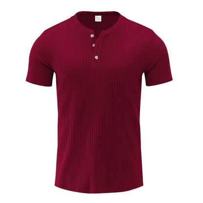 Men's Striped Knit Henley T-Shirt – Soft, Breathable & Stylish Casual Top with Short Sleeves