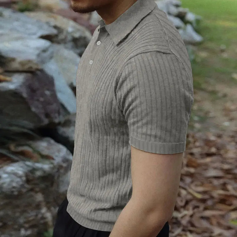 2024 Summer Knit Men’s Polo Shirt – Business Casual Striped Henry Short Sleeve for Comfort & Style