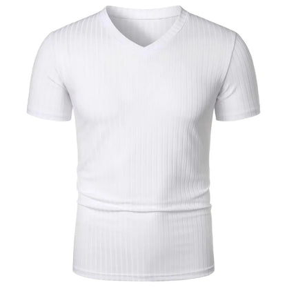 Summer Men's Short Sleeve Muscle T Shirts Stretch V Neck Bodybuilding Lightweight Streetwear Workout Tee Shirts Ribbed Shirt