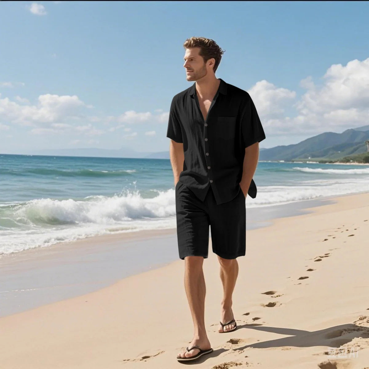 Men's Retro Summer 2-in-1 Set – Cotton & Linen Short-Sleeve Shirt and Shorts, Lightweight Beachwear