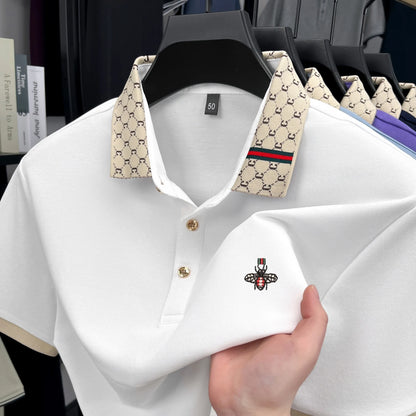 High-End Men’s Polo Shirt – Jacquard Lapel, Little Bee Embroidery & Personality Letter Design | Summer Fashion Trend