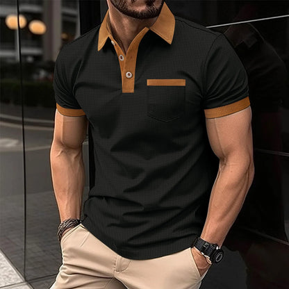 2025 new summer men's short sleeve POLO shirt Waffle color chest pocket short sleeve button T-shirt top