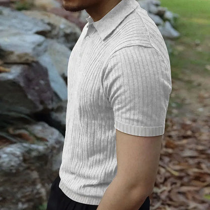 2024 Summer Knit Men’s Polo Shirt – Business Casual Striped Henry Short Sleeve for Comfort & Style