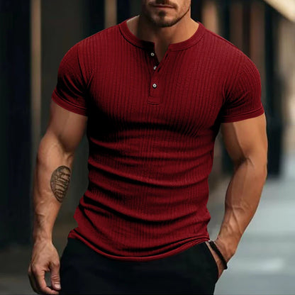 Men's Striped Knit Henley T-Shirt – Soft, Breathable & Stylish Casual Top with Short Sleeves