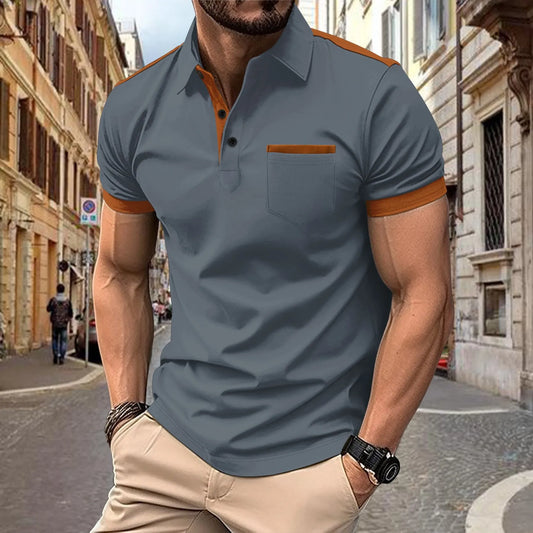 2025 New Summer Men’s Casual Polo Shirt – Short Sleeve with Chest Pocket, Lapel & Color Patchwork