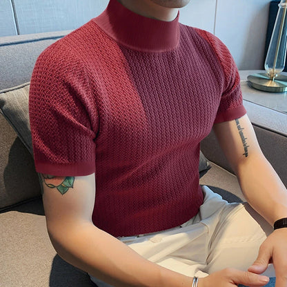Men’s Summer Slim Fit T-Shirt – Korean Style, High-Neck, Textured Streetwear