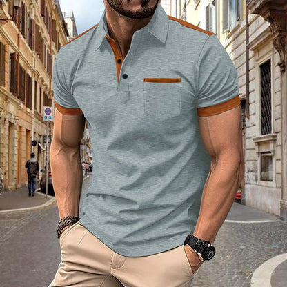 2025 New Summer Men’s Casual Polo Shirt – Short Sleeve with Chest Pocket, Lapel & Color Patchwork