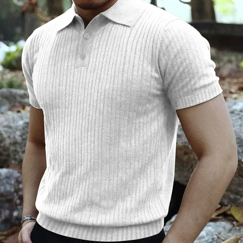 2024 Summer Knit Men’s Polo Shirt – Business Casual Striped Henry Short Sleeve for Comfort & Style
