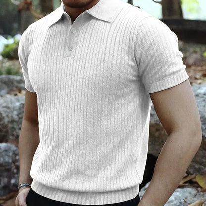 2024 Summer Knit Men’s Polo Shirt – Business Casual Striped Henry Short Sleeve for Comfort & Style