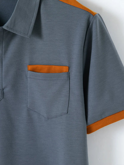2025 New Summer Men’s Casual Polo Shirt – Short Sleeve with Chest Pocket, Lapel & Color Patchwork