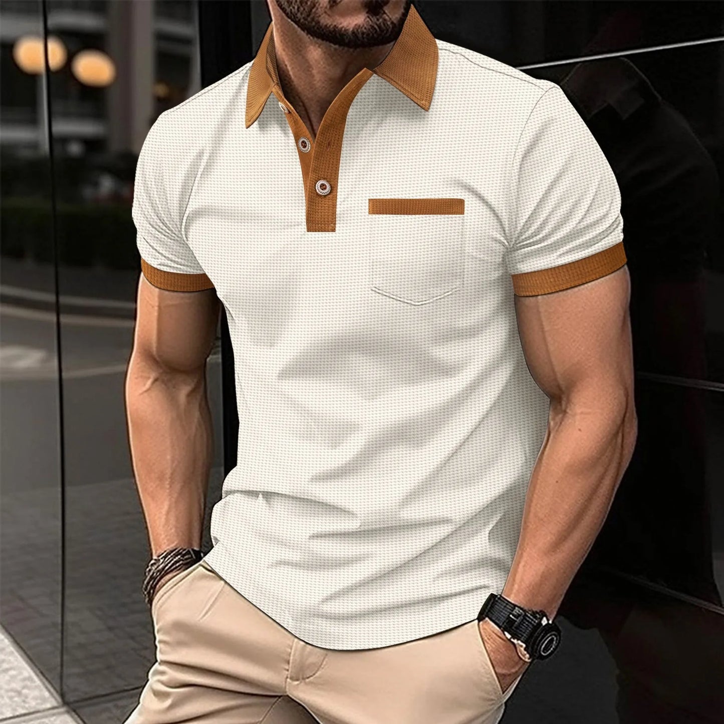 2025 new summer men's short sleeve POLO shirt Waffle color chest pocket short sleeve button T-shirt top
