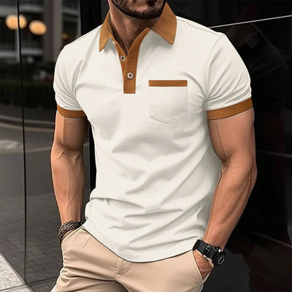 2025 new summer men's short sleeve POLO shirt Waffle color chest pocket short sleeve button T-shirt top