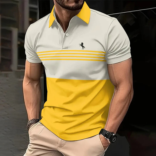 Business Men’s Polo Shirt – Summer Casual Short Sleeves with Stripe Pattern & Button Detail