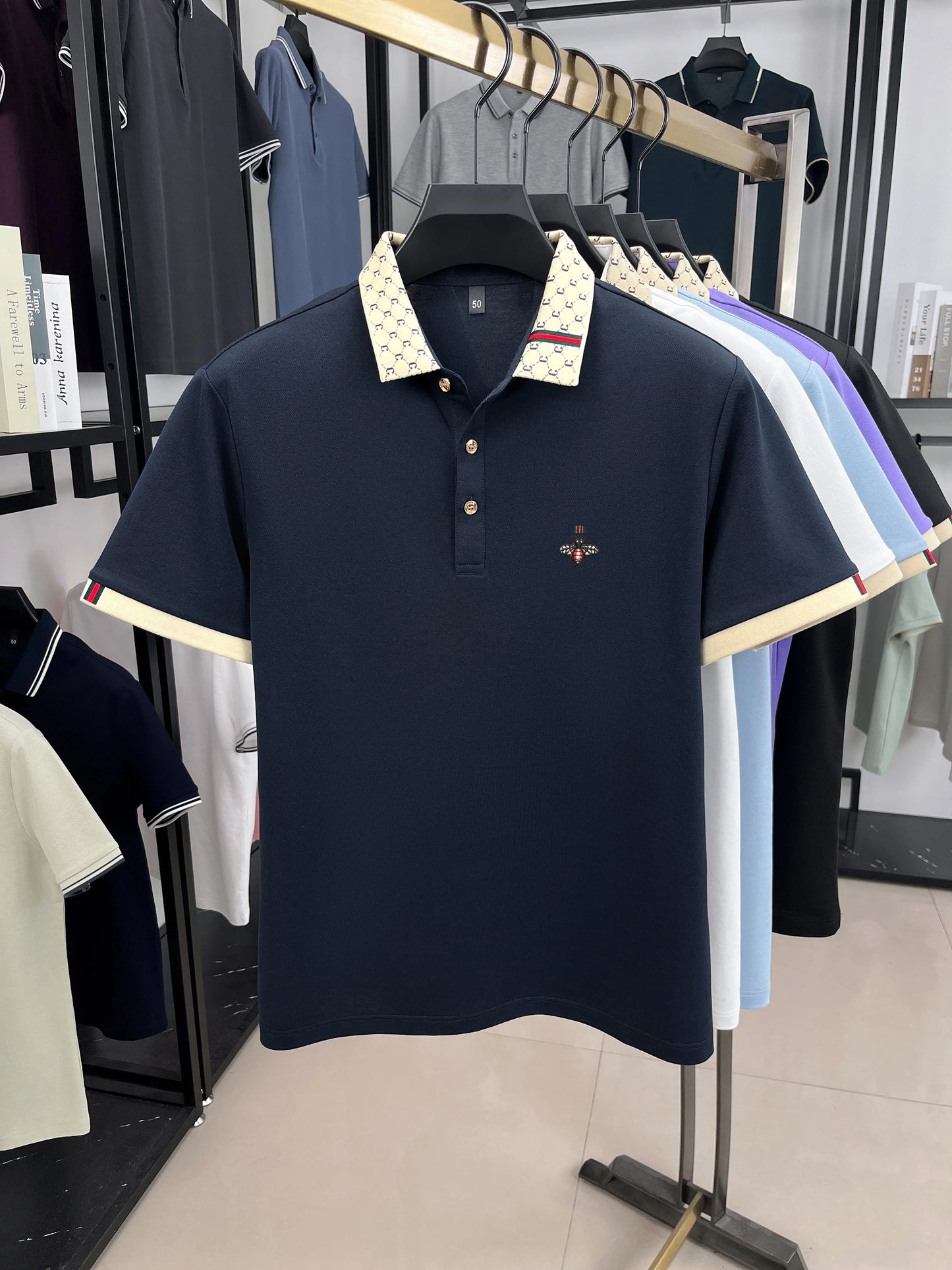 High-End Men’s Polo Shirt – Jacquard Lapel, Little Bee Embroidery & Personality Letter Design | Summer Fashion Trend