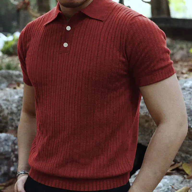 2024 Summer Knit Men’s Polo Shirt – Business Casual Striped Henry Short Sleeve for Comfort & Style