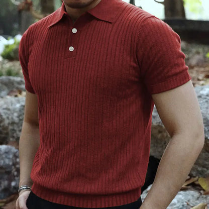 2024 Summer Knit Men’s Polo Shirt – Business Casual Striped Henry Short Sleeve for Comfort & Style