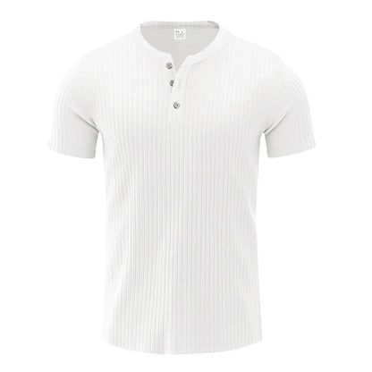 Men's Striped Knit Henley T-Shirt – Soft, Breathable & Stylish Casual Top with Short Sleeves