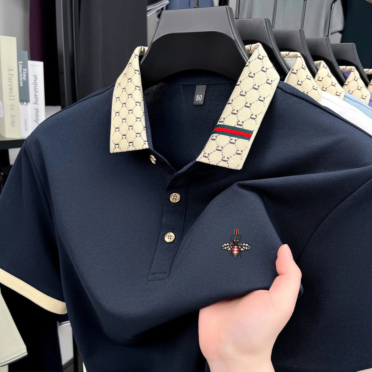 High-End Men’s Polo Shirt – Jacquard Lapel, Little Bee Embroidery & Personality Letter Design | Summer Fashion Trend