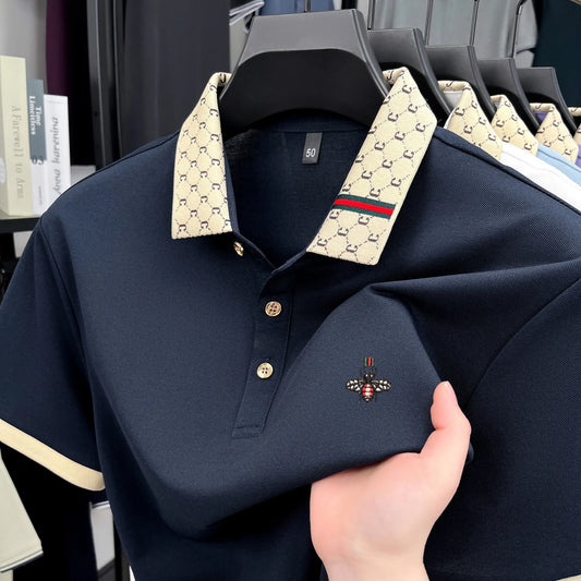High-End Men’s Polo Shirt – Jacquard Lapel, Little Bee Embroidery & Personality Letter Design | Summer Fashion Trend