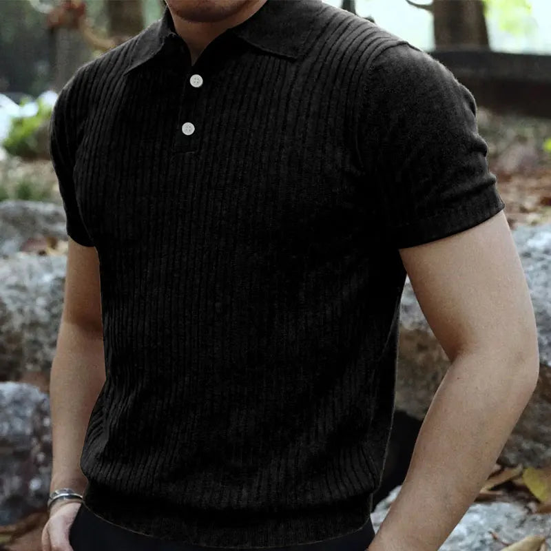 2024 Summer Knit Men’s Polo Shirt – Business Casual Striped Henry Short Sleeve for Comfort & Style