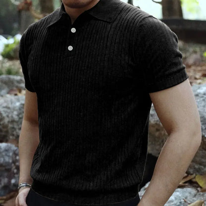 2024 Summer Knit Men’s Polo Shirt – Business Casual Striped Henry Short Sleeve for Comfort & Style
