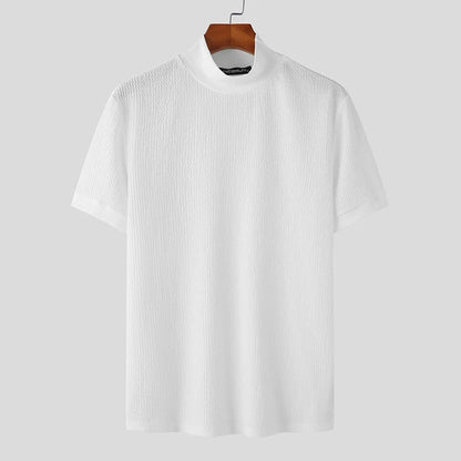 Men’s Summer Slim Fit T-Shirt – Korean Style, High-Neck, Textured Streetwear