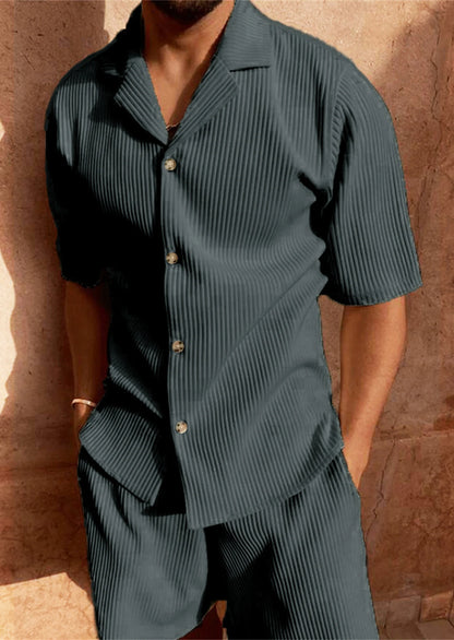 Men’s Comfy Corduroy Set – Breathable Short Sleeve Shirt & Shorts for Spring/Summer
