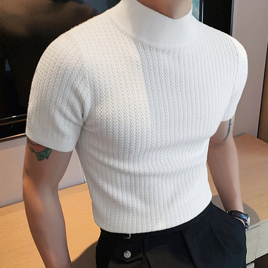Men’s Summer Slim Fit T-Shirt – Korean Style, High-Neck, Textured Streetwear