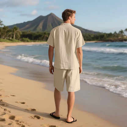 Men's Retro Summer 2-in-1 Set – Cotton & Linen Short-Sleeve Shirt and Shorts, Lightweight Beachwear