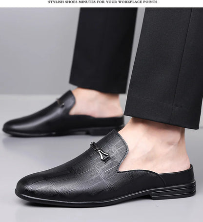 Summer New Designer Half Slippers for Men Fashion Casual Pointed-toe Dress Shoes Male Solid Color Leather Shoe Man