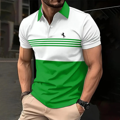 Business Men’s Polo Shirt – Summer Casual Short Sleeves with Stripe Pattern & Button Detail