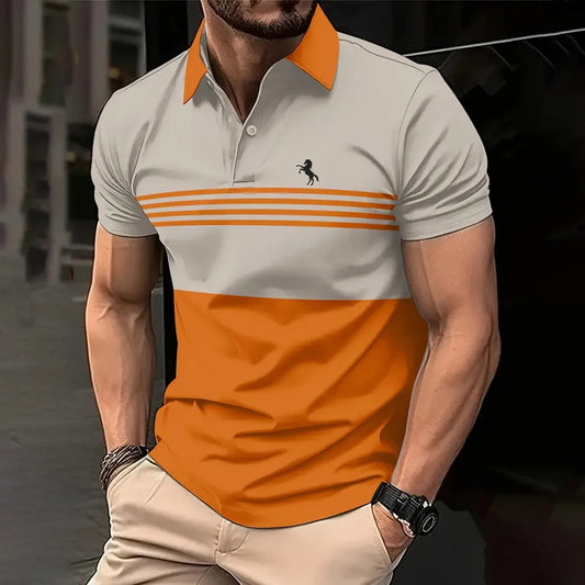 Business Men’s Polo Shirt – Summer Casual Short Sleeves with Stripe Pattern & Button Detail