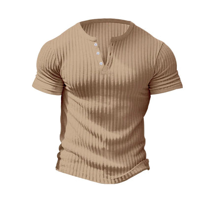 Men's Striped Knit Henley T-Shirt – Soft, Breathable & Stylish Casual Top with Short Sleeves