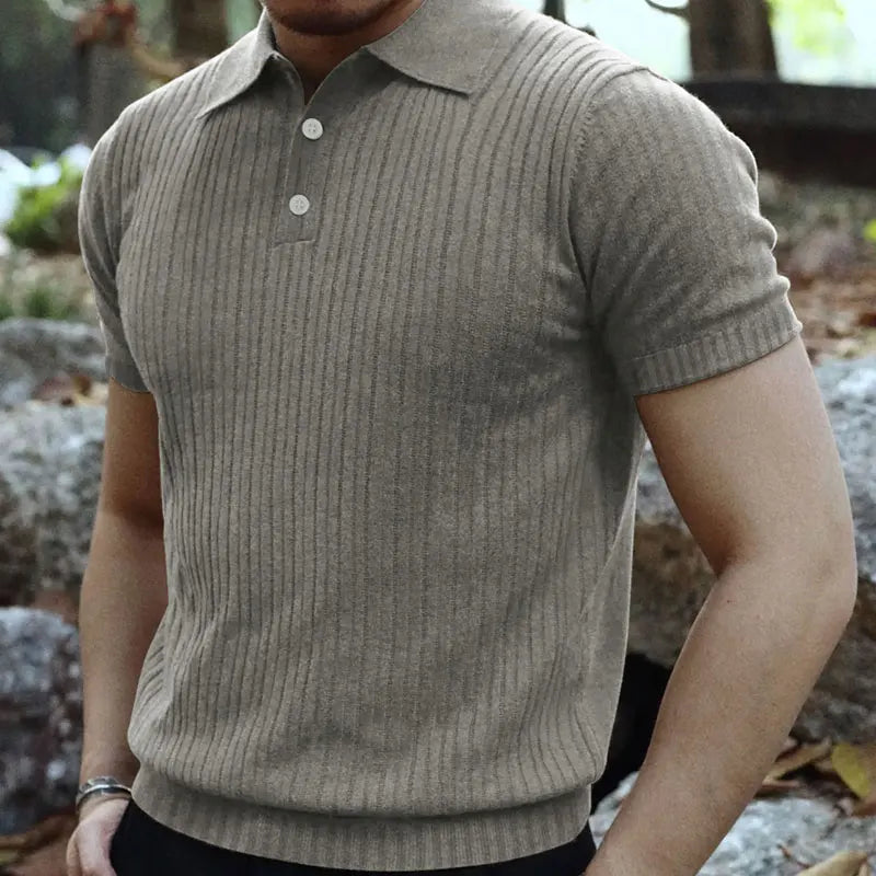 2024 Summer Knit Men’s Polo Shirt – Business Casual Striped Henry Short Sleeve for Comfort & Style