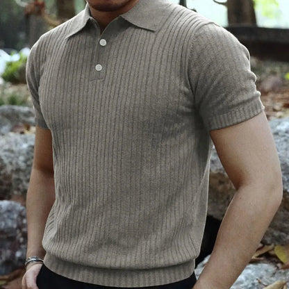 2024 Summer Knit Men’s Polo Shirt – Business Casual Striped Henry Short Sleeve for Comfort & Style