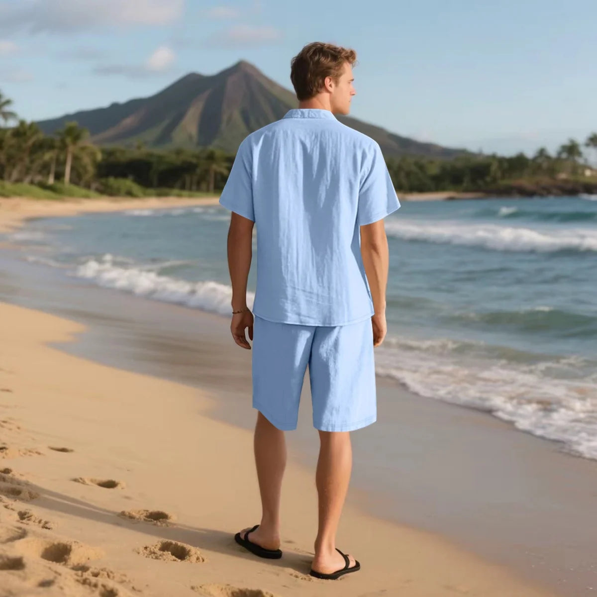Men's Retro Summer 2-in-1 Set – Cotton & Linen Short-Sleeve Shirt and Shorts, Lightweight Beachwear