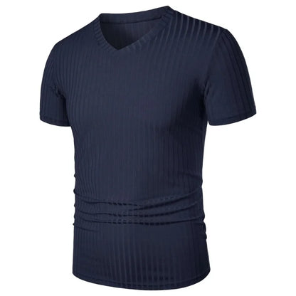 Summer Men's Short Sleeve Muscle T Shirts Stretch V Neck Bodybuilding Lightweight Streetwear Workout Tee Shirts Ribbed Shirt