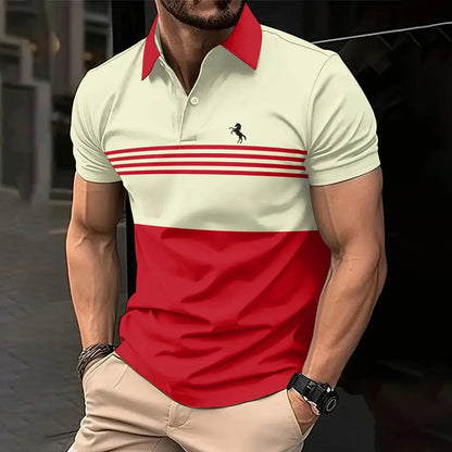 Business Men’s Polo Shirt – Summer Casual Short Sleeves with Stripe Pattern & Button Detail