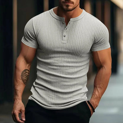 Men's Striped Knit Henley T-Shirt – Soft, Breathable & Stylish Casual Top with Short Sleeves